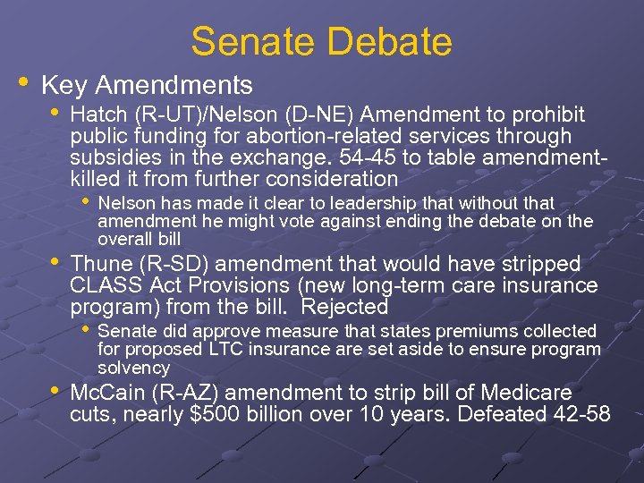 Senate Debate • Key Amendments • Hatch (R-UT)/Nelson (D-NE) Amendment to prohibit public funding