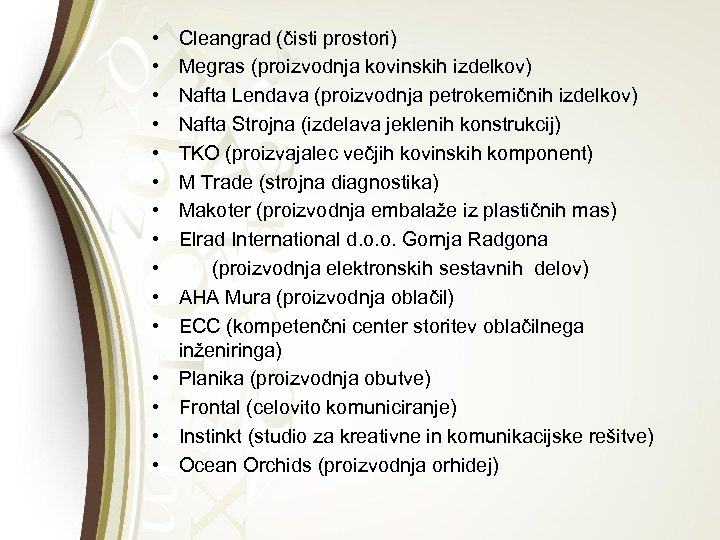  • • • • Cleangrad (čisti prostori) Megras (proizvodnja kovinskih izdelkov) Nafta Lendava