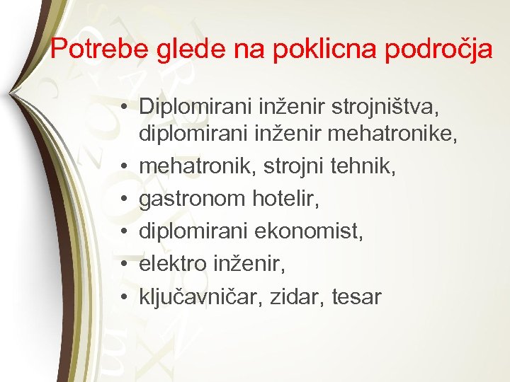 Potrebe glede na poklicna področja • Diplomirani inženir strojništva, diplomirani inženir mehatronike, • mehatronik,