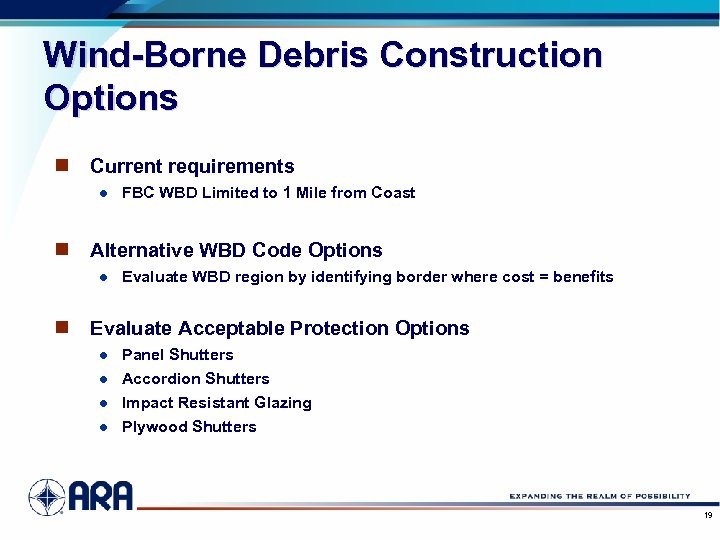 Wind-Borne Debris Construction Options n Current requirements l FBC WBD Limited to 1 Mile