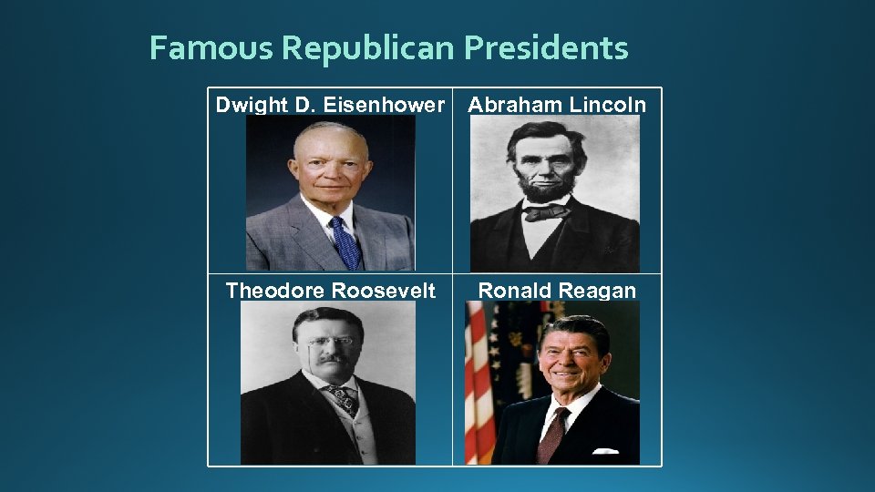 Famous Republican Presidents Dwight D. Eisenhower Abraham Lincoln Theodore Roosevelt Ronald Reagan 