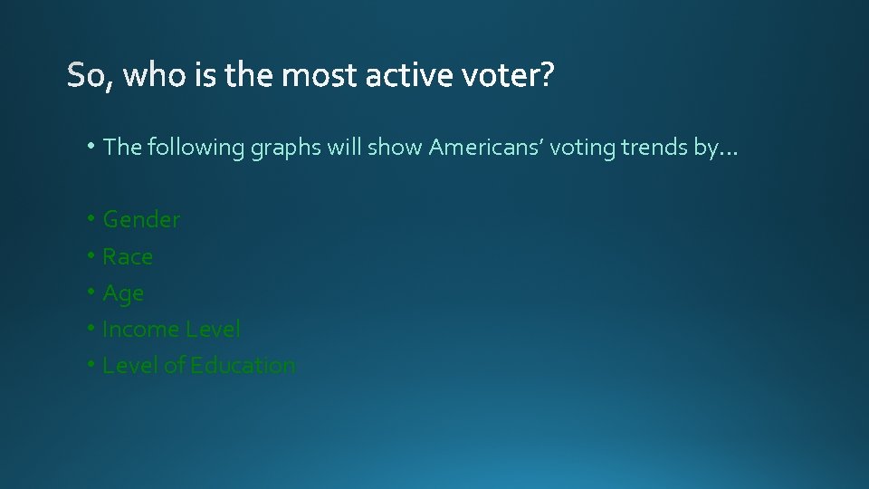  • The following graphs will show Americans’ voting trends by… • Gender •