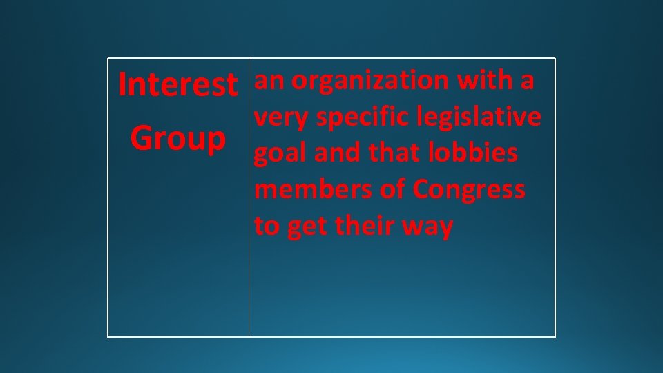 Interest an organization with a very specific legislative Group goal and that lobbies members