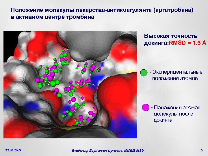 Положение молекулы лекарства-антикоагулянта (аргатробана) в активном центре тромбина Высокая точность докинга: RMSD = 1.