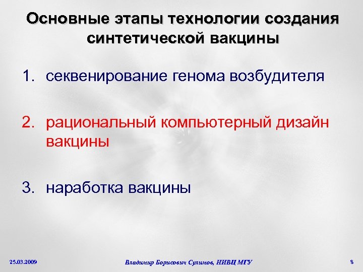 Основные этапы технологии создания синтетической вакцины 1. секвенирование генома возбудителя 2. рациональный компьютерный дизайн