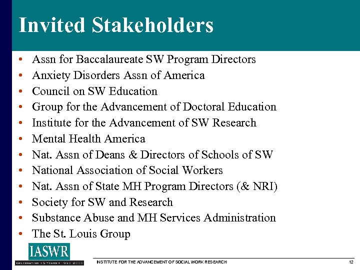 Invited Stakeholders • • • Assn for Baccalaureate SW Program Directors Anxiety Disorders Assn