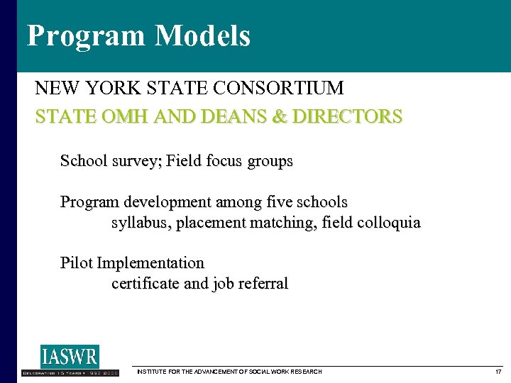 Program Models NEW YORK STATE CONSORTIUM STATE OMH AND DEANS & DIRECTORS School survey;