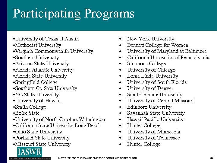 Participating Programs • University of Texas at Austin • Methodist University • Virginia Commonwealth