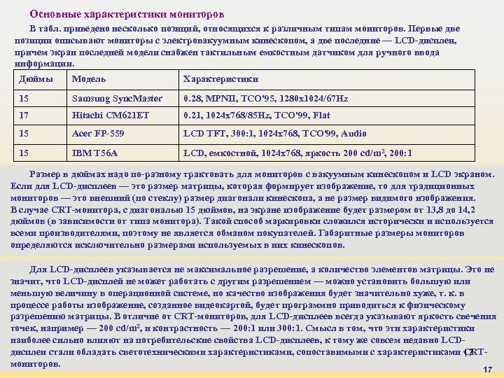 Основные характеристики мониторов В табл. приведено несколько позиций, относящихся к различным типам мониторов. Первые