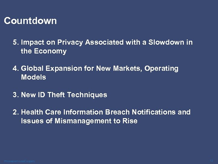 Countdown 5. Impact on Privacy Associated with a Slowdown in the Economy 4. Global