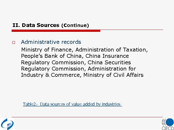 II. Data Sources (Continue) o Administrative records Ministry of Finance, Administration of Taxation, People’s