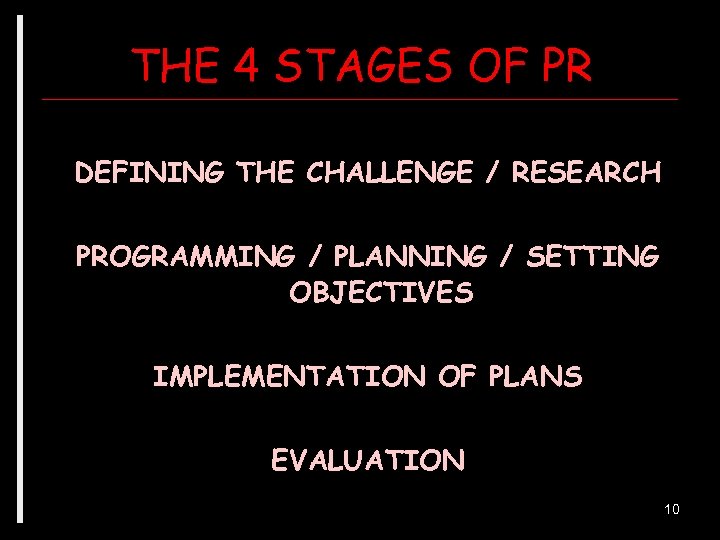 THE 4 STAGES OF PR DEFINING THE CHALLENGE / RESEARCH PROGRAMMING / PLANNING /