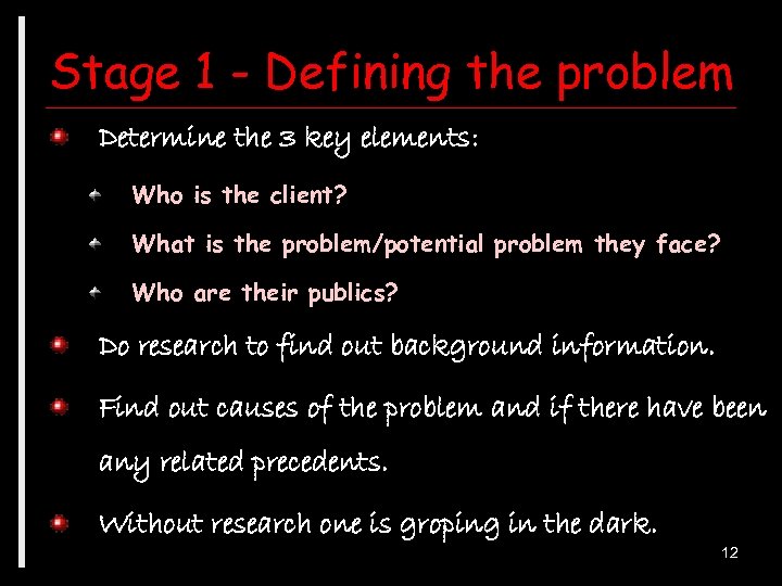 Stage 1 - Defining the problem Determine the 3 key elements: Who is the
