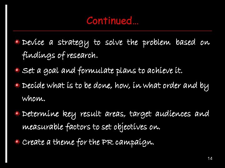 Continued… Device a strategy to solve the problem based on findings of research. Set