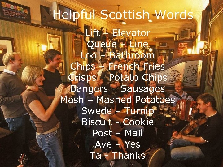 Helpful Scottish Words Lift – Elevator Queue – Line Loo – Bathroom Chips –