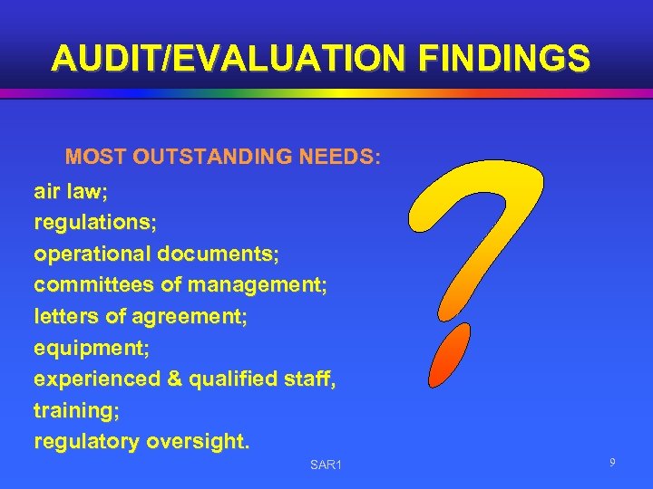 AUDIT/EVALUATION FINDINGS MOST OUTSTANDING NEEDS: air law; regulations; operational documents; committees of management; letters