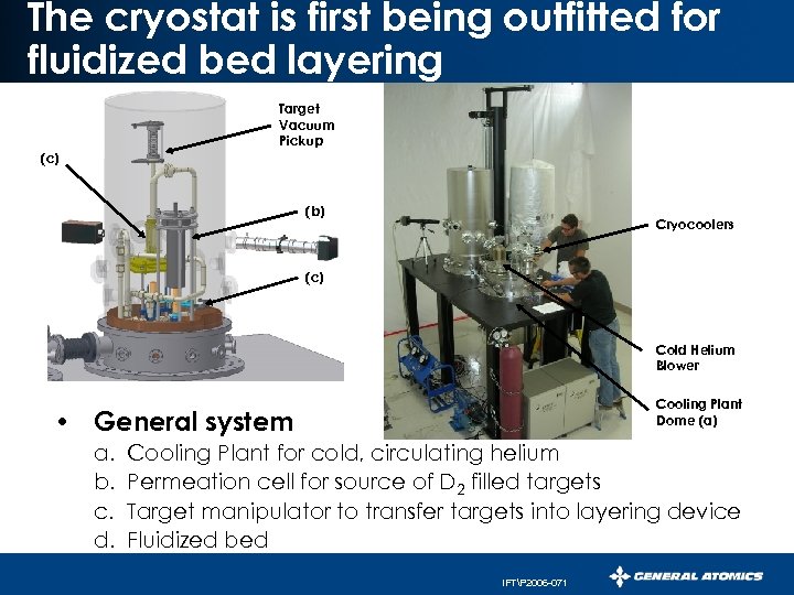 The cryostat is first being outfitted for fluidized bed layering Target Vacuum Pickup (c)