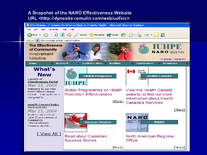 A Snapshot of the NARO Effectiveness Website URL <http: //dynosite. romulin. com/web/uofvic> 