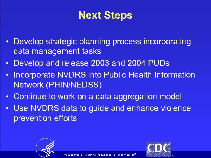Next Steps • Develop strategic planning process incorporating data management tasks • Develop and