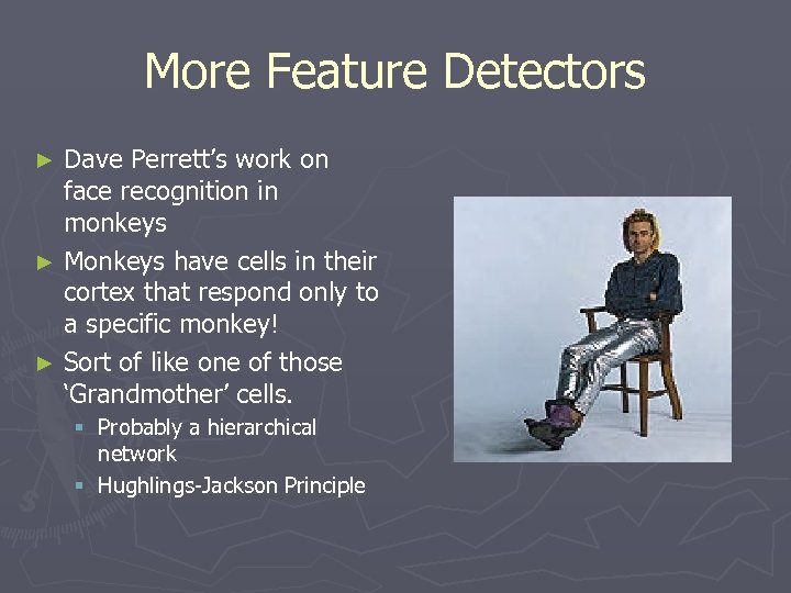 More Feature Detectors Dave Perrett’s work on face recognition in monkeys ► Monkeys have