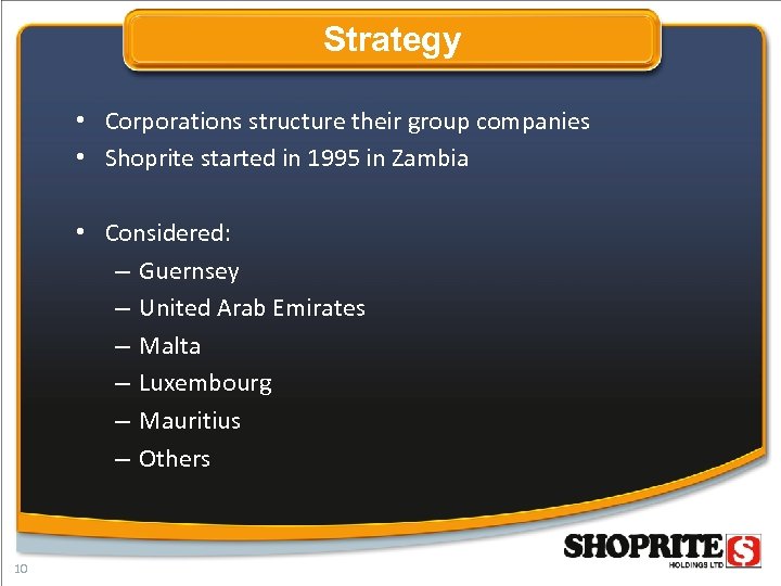 Strategy • Corporations structure their group companies • Shoprite started in 1995 in Zambia