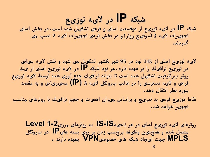  ﺷﺒﻜﻪ IP ﺩﺭ ﻻیﻪ ﺗﻮﺯیﻊ ﺍﺯ ﺩﻭﻗﺴﻤﺖ ﺍﺻﻠی ﻭ ﻓﺮﻋی ﺗﺸﻜیﻞ ﺷﺪﻩ ﺍﺳﺖ.