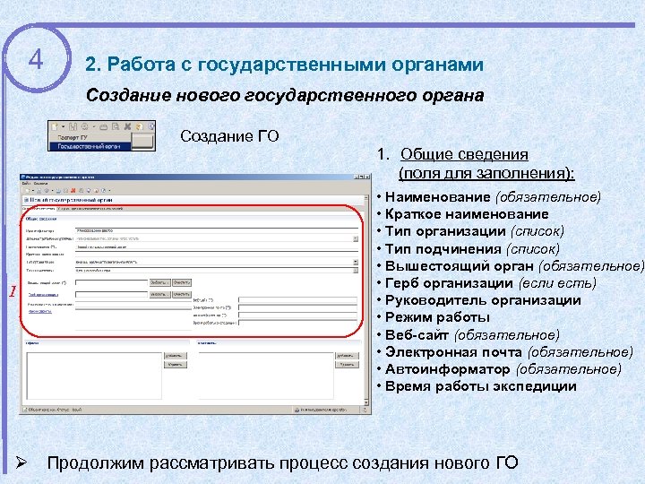 4 2. Работа с государственными органами Создание нового государственного органа Создание ГО 1 1.