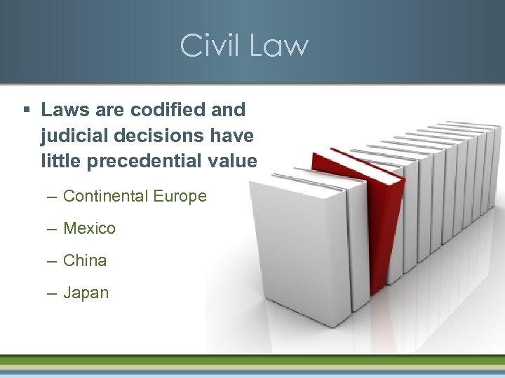 Civil Law § Laws are codified and judicial decisions have little precedential value –