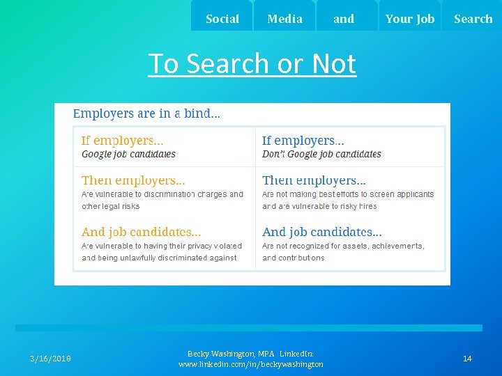 Social Media and Your Job Search To Search or Not 3/16/2018 Becky Washington, MPA