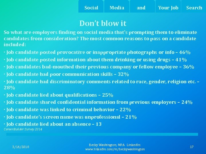 Social Media and Your Job Search Don’t blow it So what are employers finding