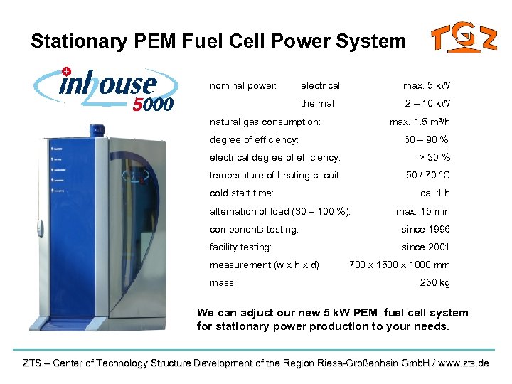 Stationary PEM Fuel Cell Power System nominal power: electrical max. 5 k. W thermal