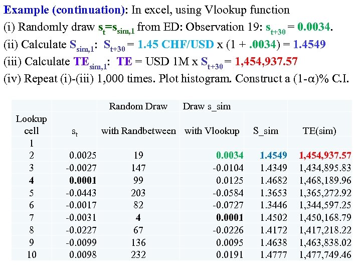 Example (continuation): In excel, using Vlookup function (i) Randomly draw st=ssim, 1 from ED: