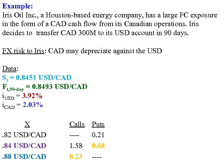 Example: Iris Oil Inc. , a Houston based energy company, has a large FC