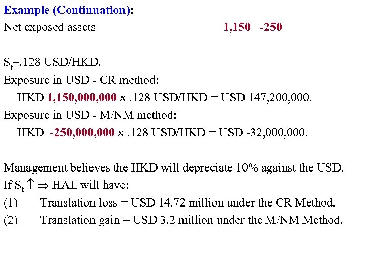 Example (Continuation): Net exposed assets 1, 150 -250 St=. 128 USD/HKD. Exposure in USD