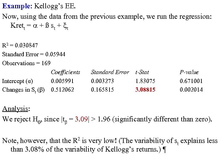 Example: Kellogg’s EE. Now, using the data from the previous example, we run the