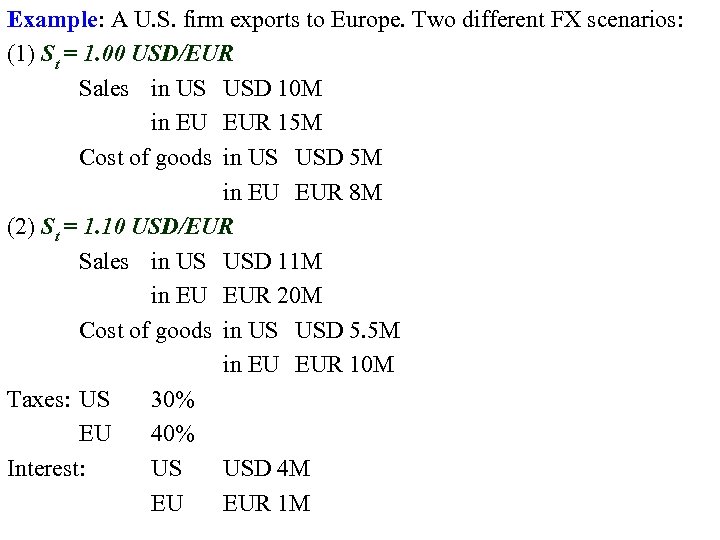 Example: A U. S. firm exports to Europe. Two different FX scenarios: (1) St