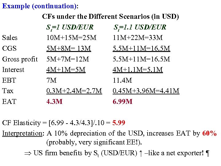 Example (continuation): CFs under the Different Scenarios (in USD) St=1 USD/EUR St=1. 1 USD/EUR