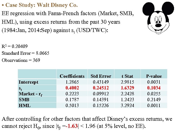  • Case Study: Walt Disney Co. EE regression with Fama French factors (Market,