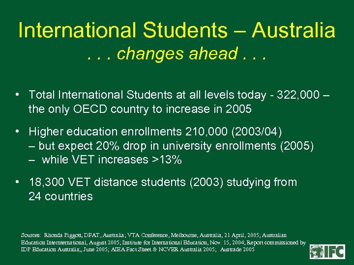 International Students – Australia. . . changes ahead. . . • Total International Students