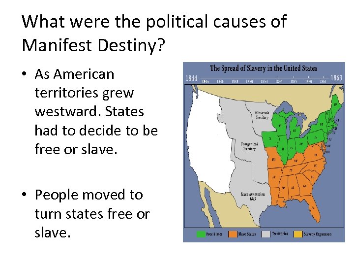 What were the political causes of Manifest Destiny? • As American territories grew westward.