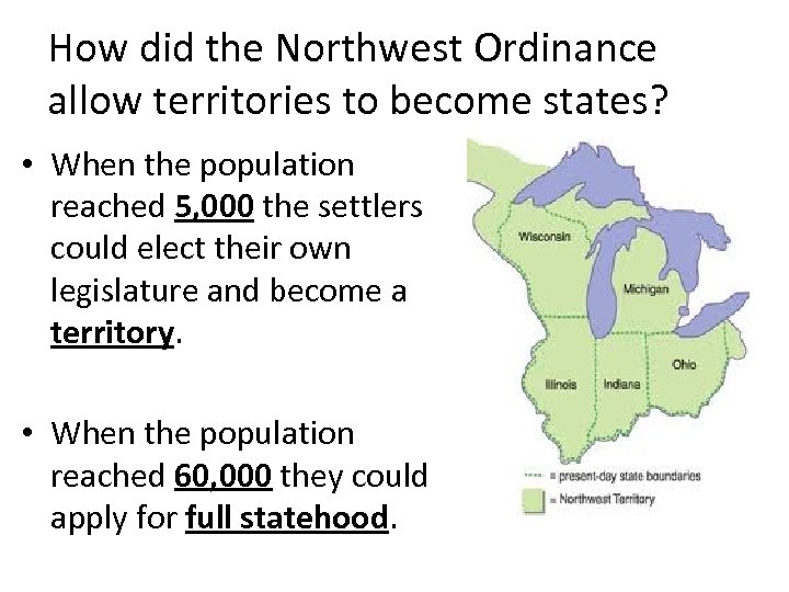 How did the Northwest Ordinance allow territories to become states? • When the population