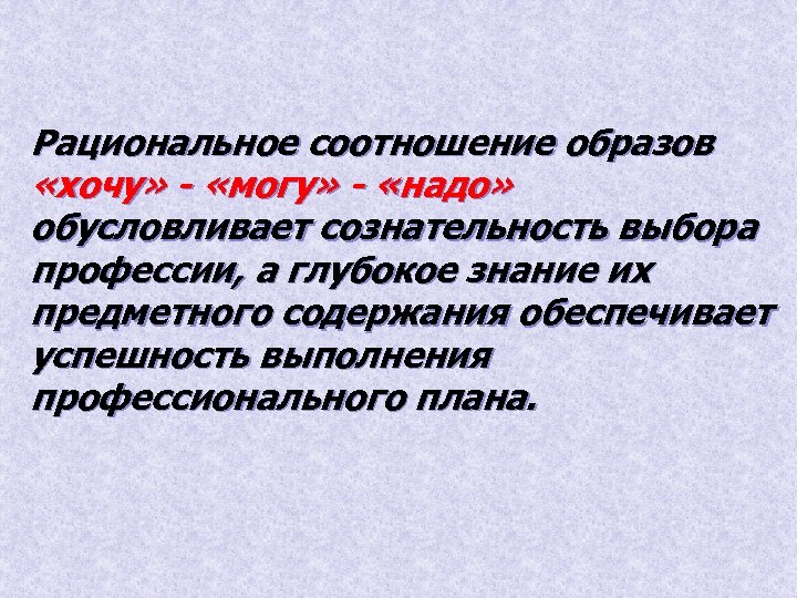 Рациональное соотношение образов «хочу» - «могу» - «надо» обусловливает сознательность выбора профессии, а глубокое