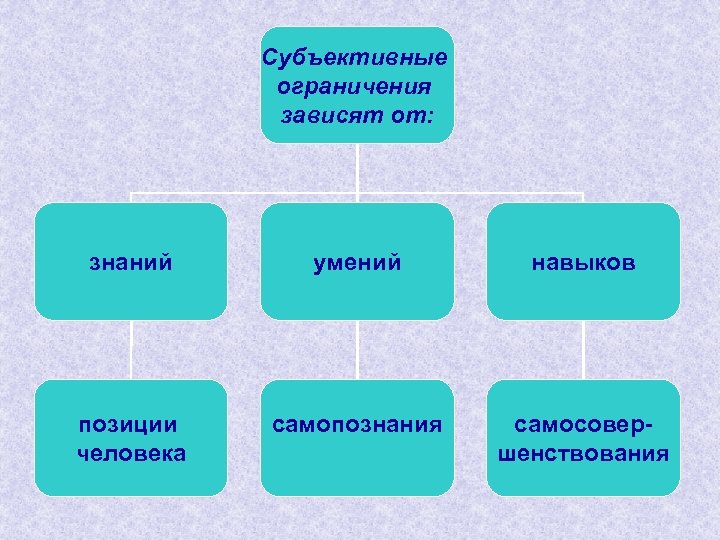 Субъективные ограничения зависят от: знаний умений навыков позиции человека самопознания самосовершенствования 