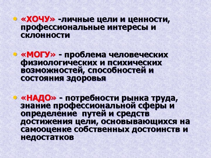  • «ХОЧУ» -личные цели и ценности, профессиональные интересы и склонности • «МОГУ» -