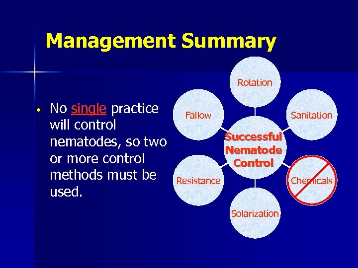 Management Summary Rotation • No single practice will control nematodes, so two or more