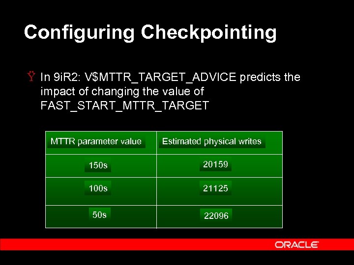 Configuring Checkpointing Ÿ In 9 i. R 2: V$MTTR_TARGET_ADVICE predicts the impact of changing