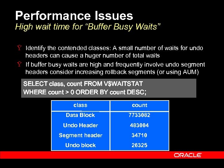 Performance Issues High wait time for “Buffer Busy Waits” Ÿ Identify the contended classes: