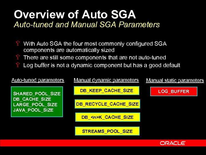 Overview of Auto SGA Auto-tuned and Manual SGA Parameters Ÿ With Auto SGA the