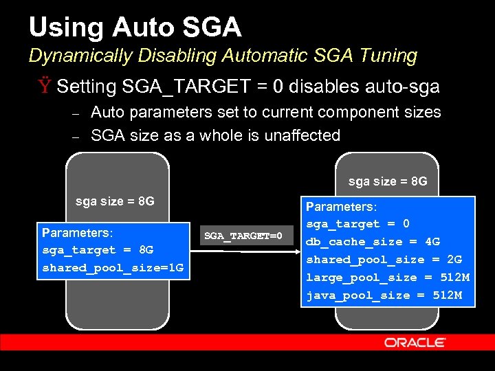 Using Auto SGA Dynamically Disabling Automatic SGA Tuning Ÿ Setting SGA_TARGET = 0 disables