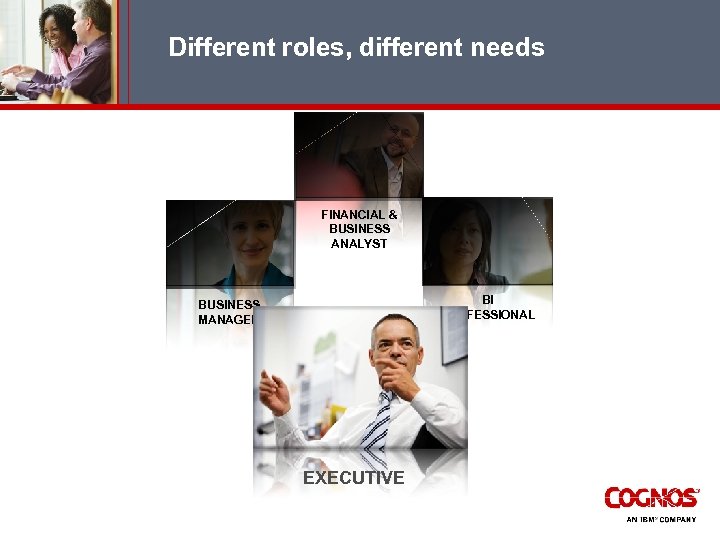 Different roles, different needs FINANCIAL & BUSINESS ANALYST BI PROFESSIONAL BUSINESS MANAGER EXECUTIVE 